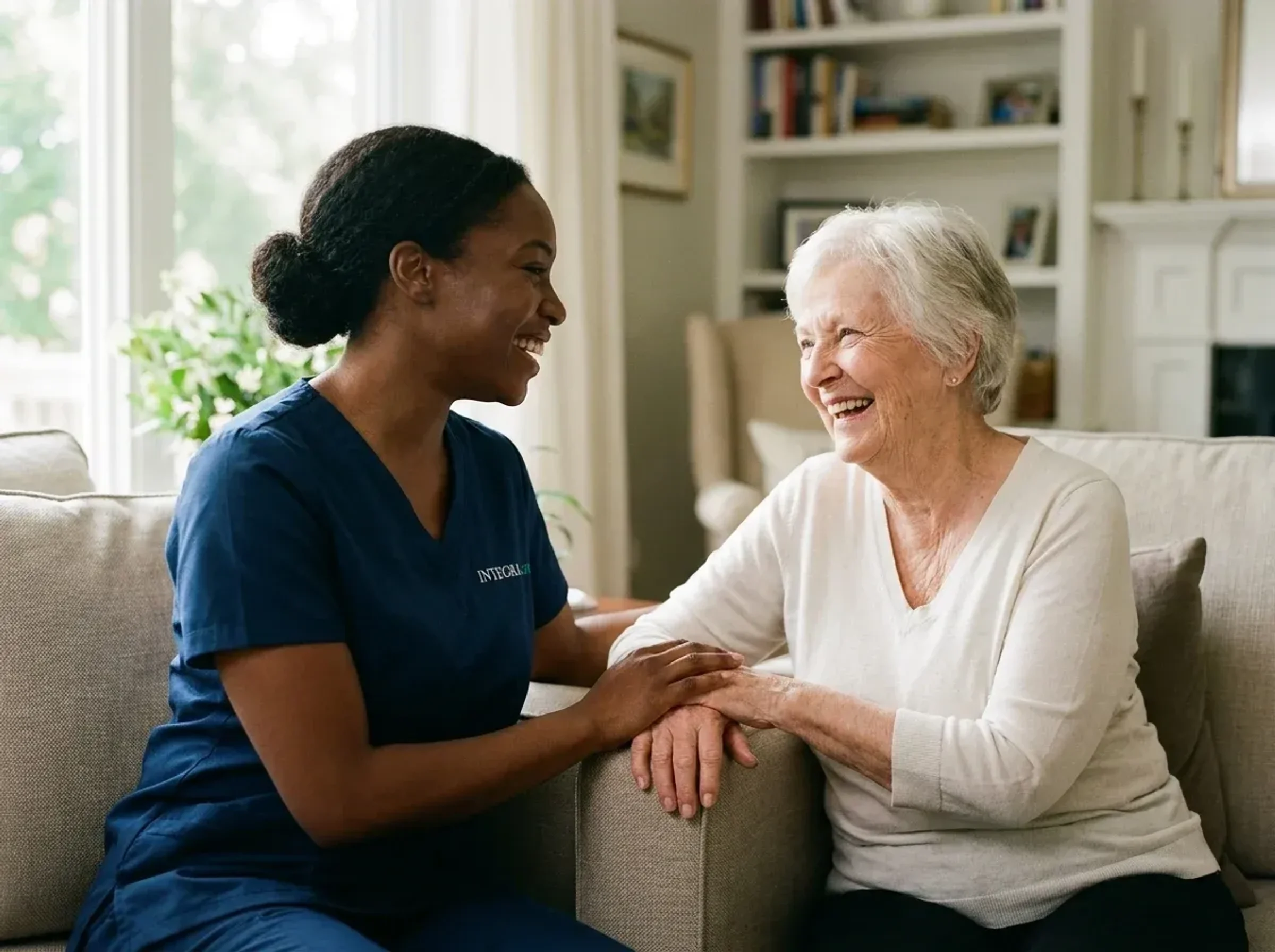 A personal support worker assisting an elderly man at home in a comfortable setting