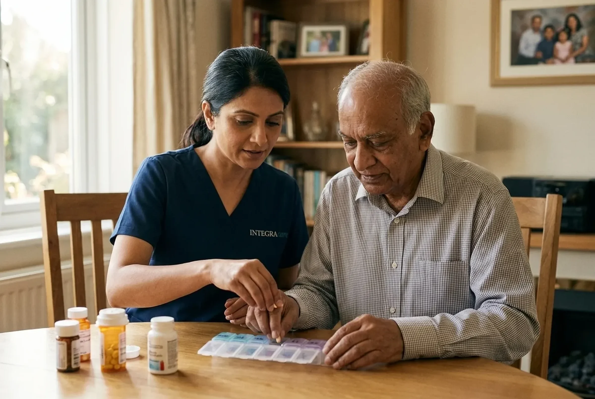 A caregiver helping an elderly man organise his weekly medications at home
