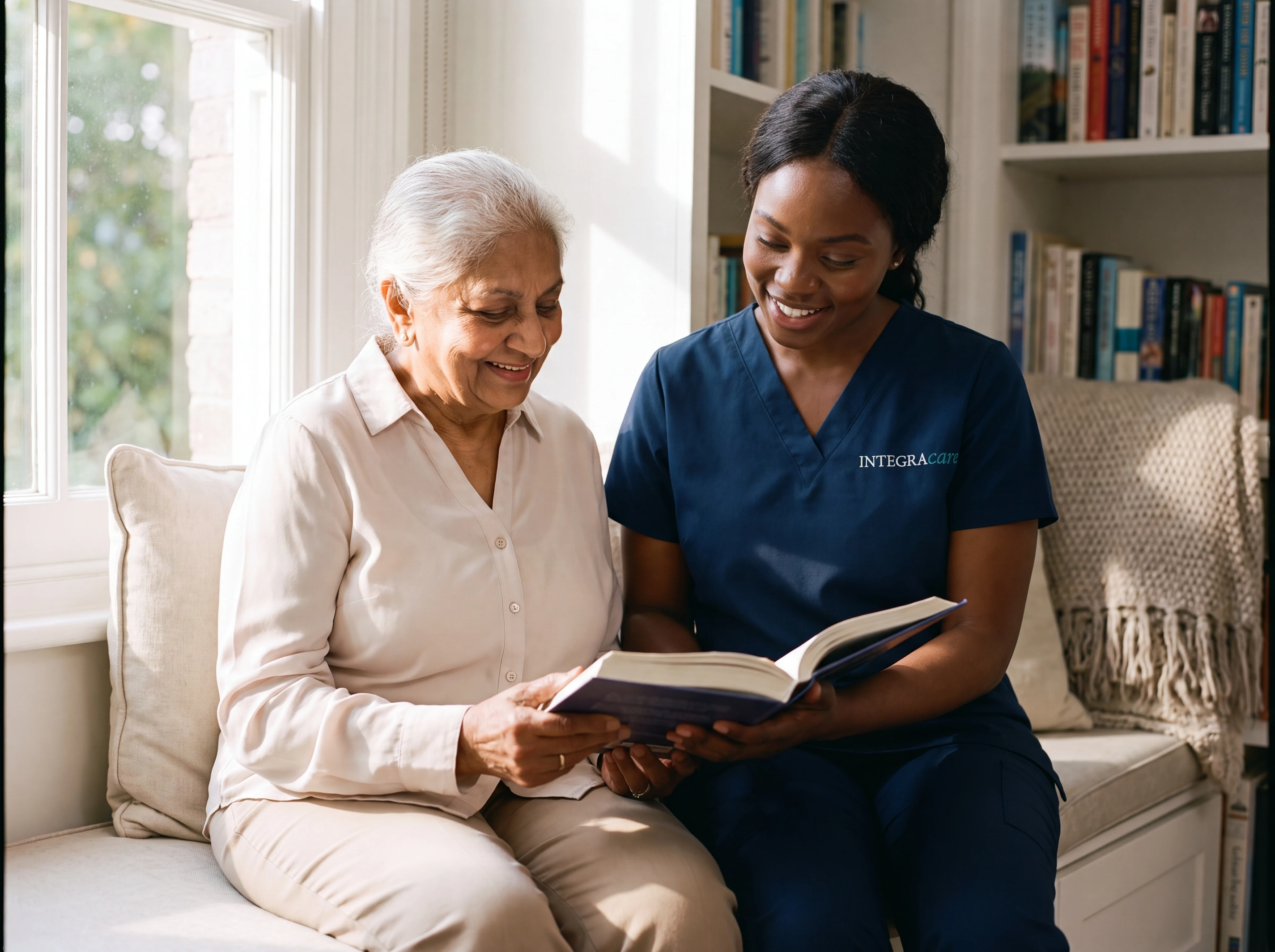 A Black female caregiver and an elderly South Asian woman sharing a quiet reading moment in a sunlit window nook