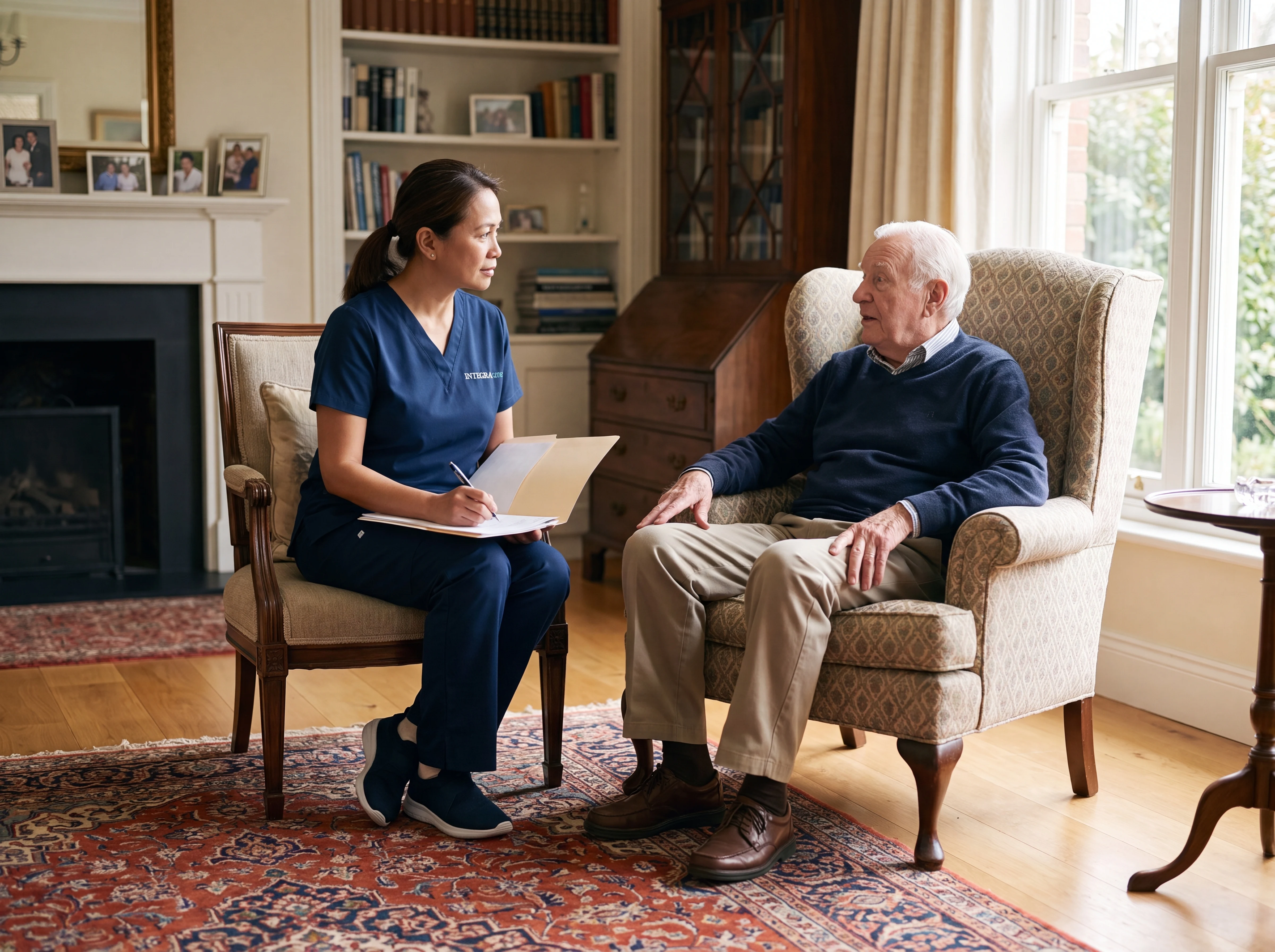 Eldercare Registered Nurse conducting an in-home assessment with a senior client and their family