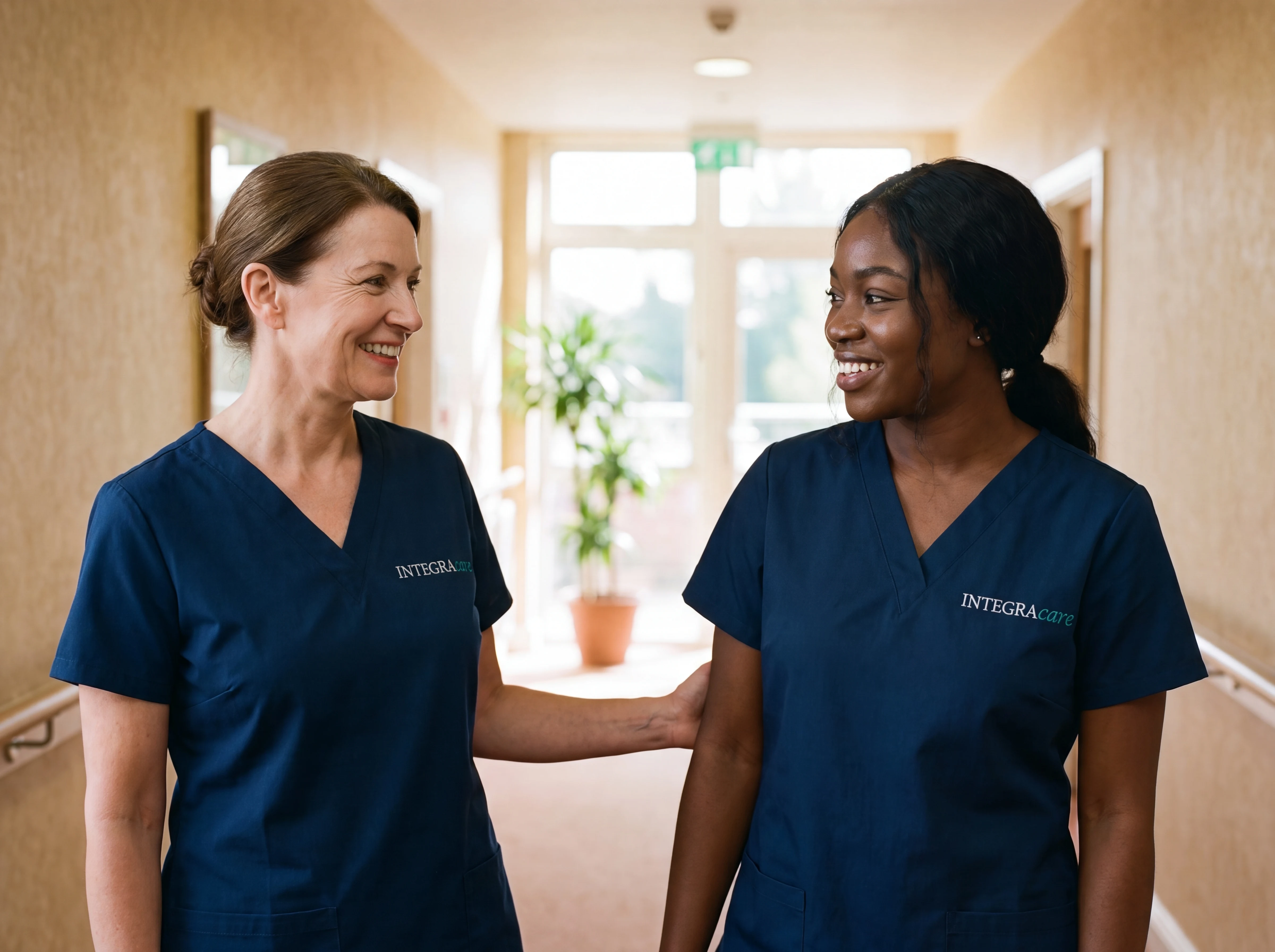 A senior white female nurse welcoming a younger Black female caregiver in a bright residential corridor, both smiling warmly