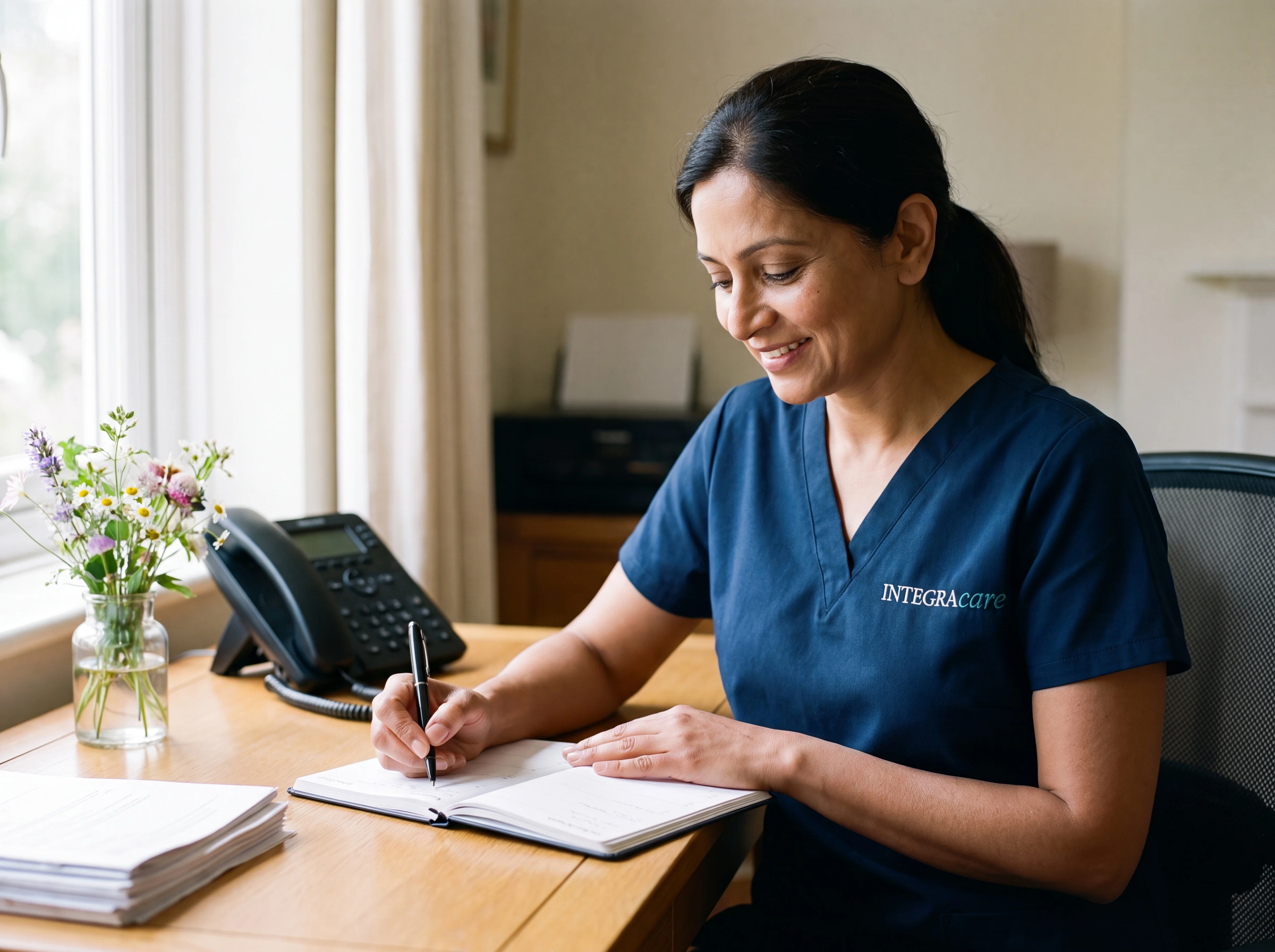 A South Asian female coordinator writing in a planner at a sunlit home-office desk with a fresh flower vase nearby
