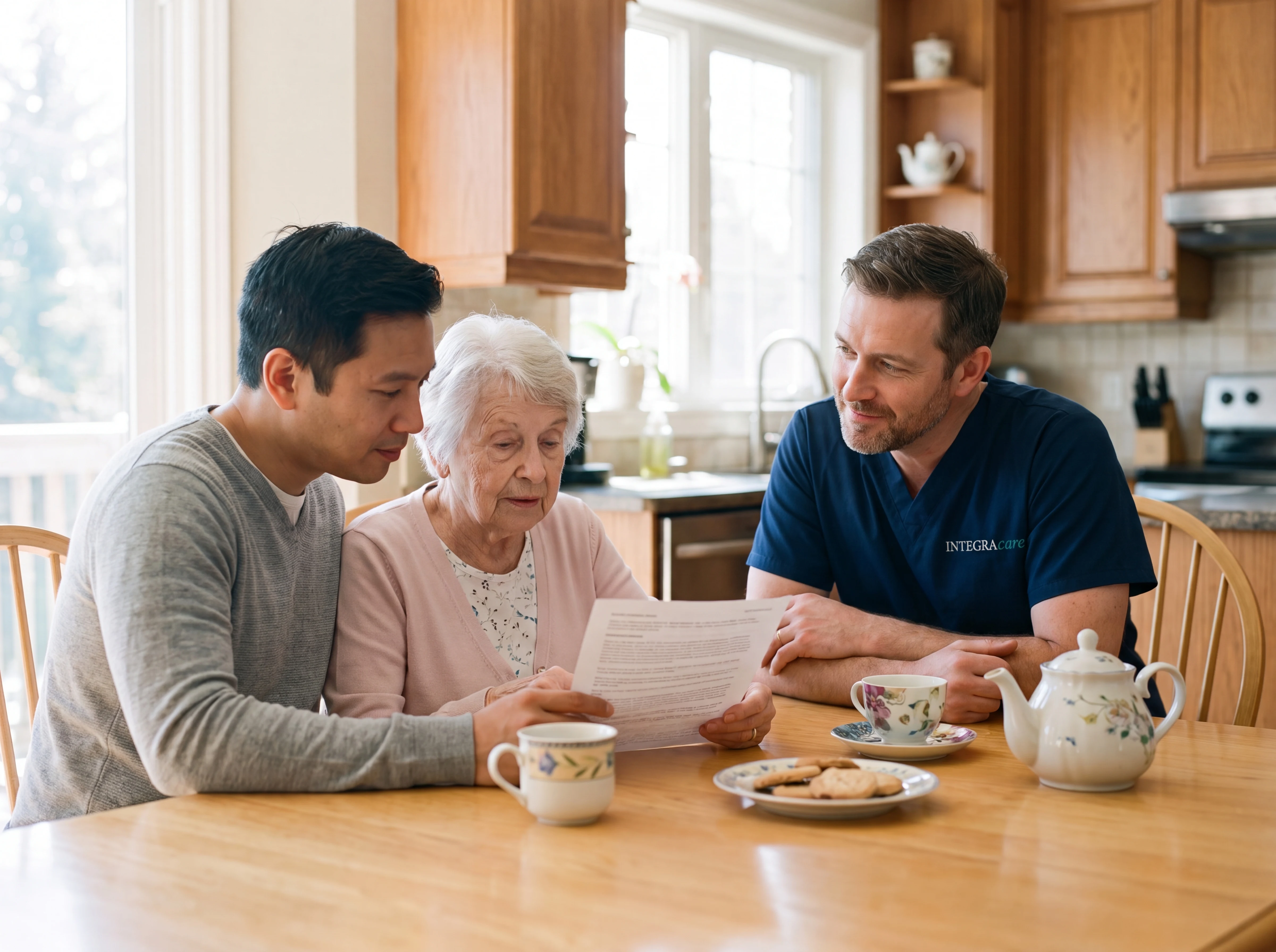 A white male caregiver at a kitchen table with an adult son and elderly mother reviewing a care document together