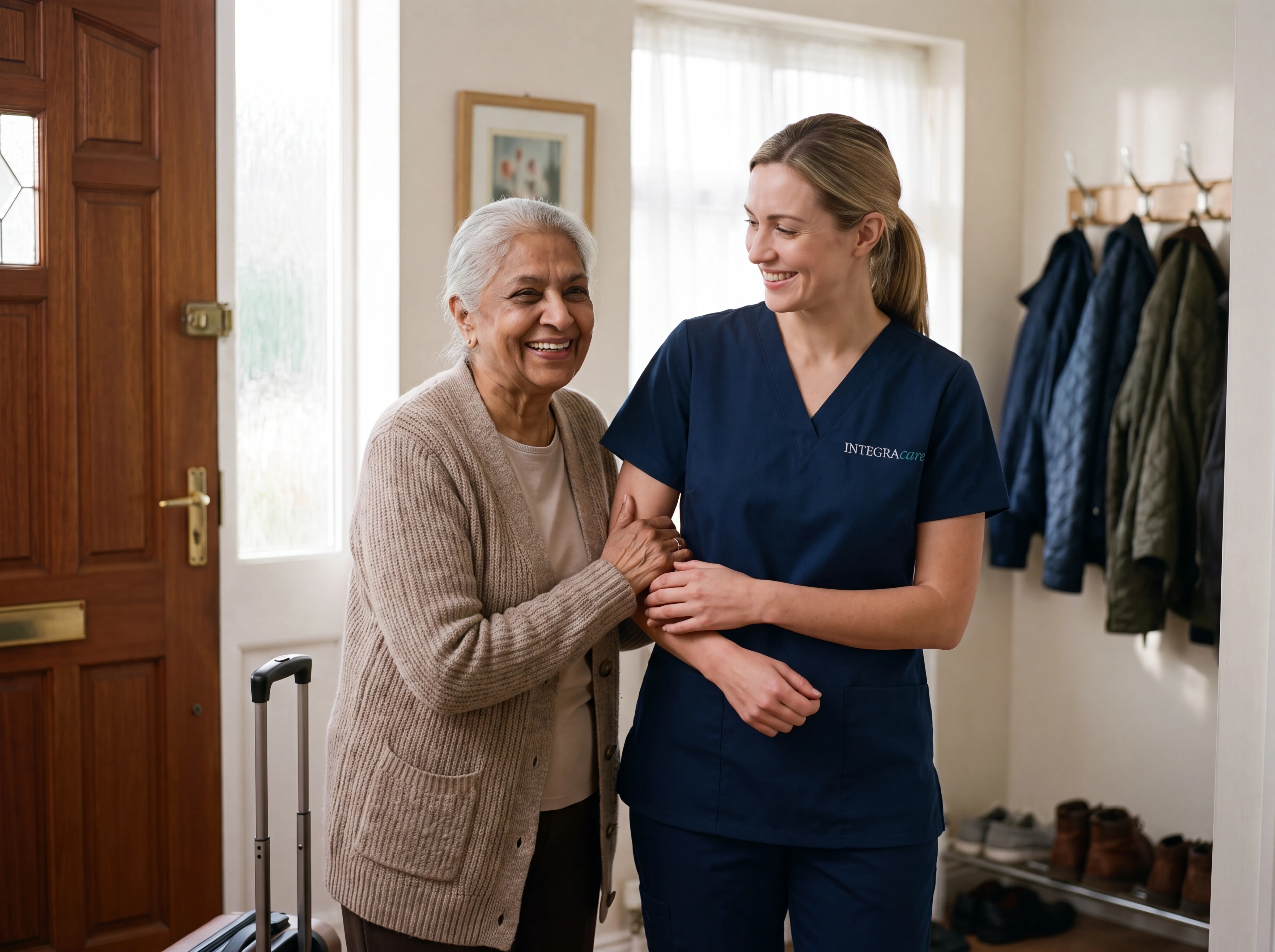 A white female caregiver helping an elderly South Asian woman settle back home after a hospital stay, small suitcase by the door