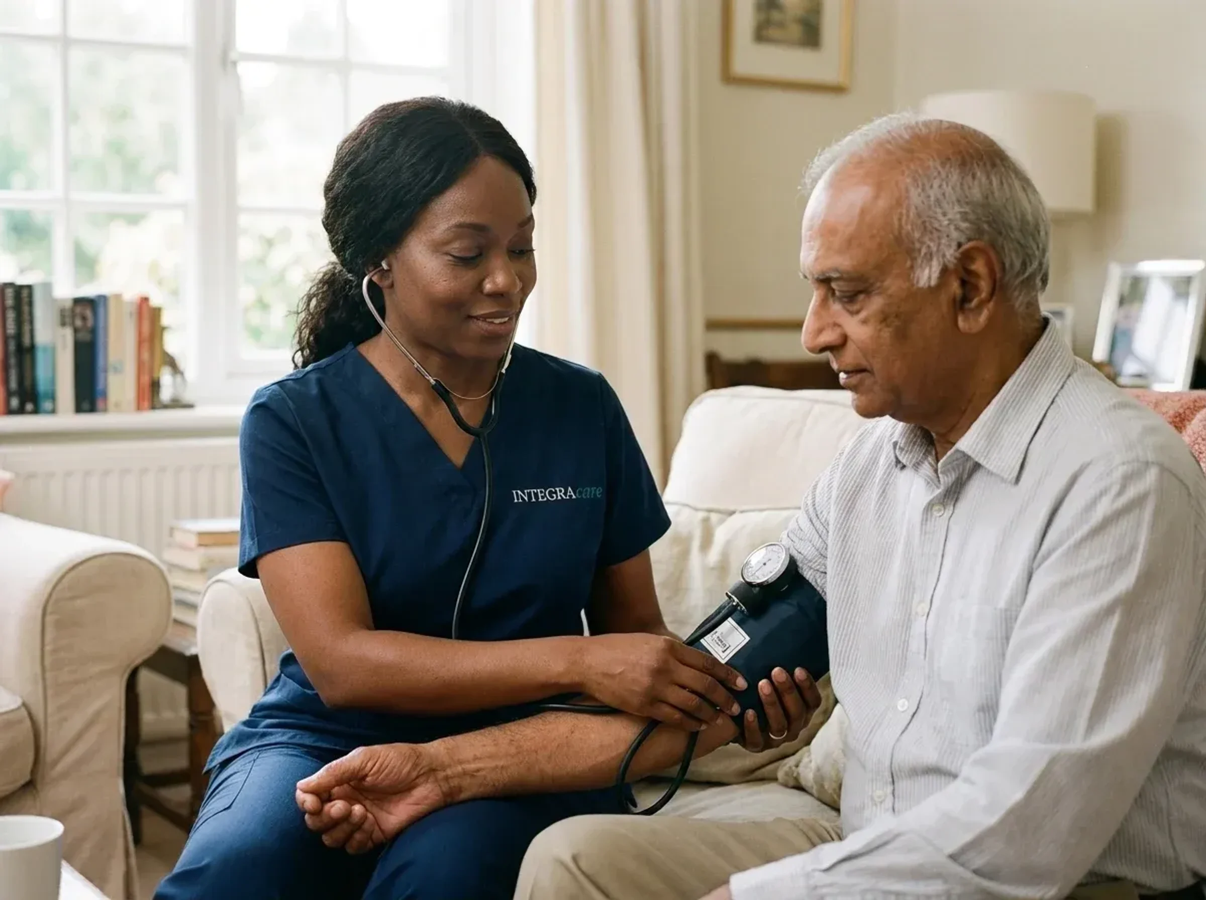 Eldercare caregiver checking an older client's blood pressure at home