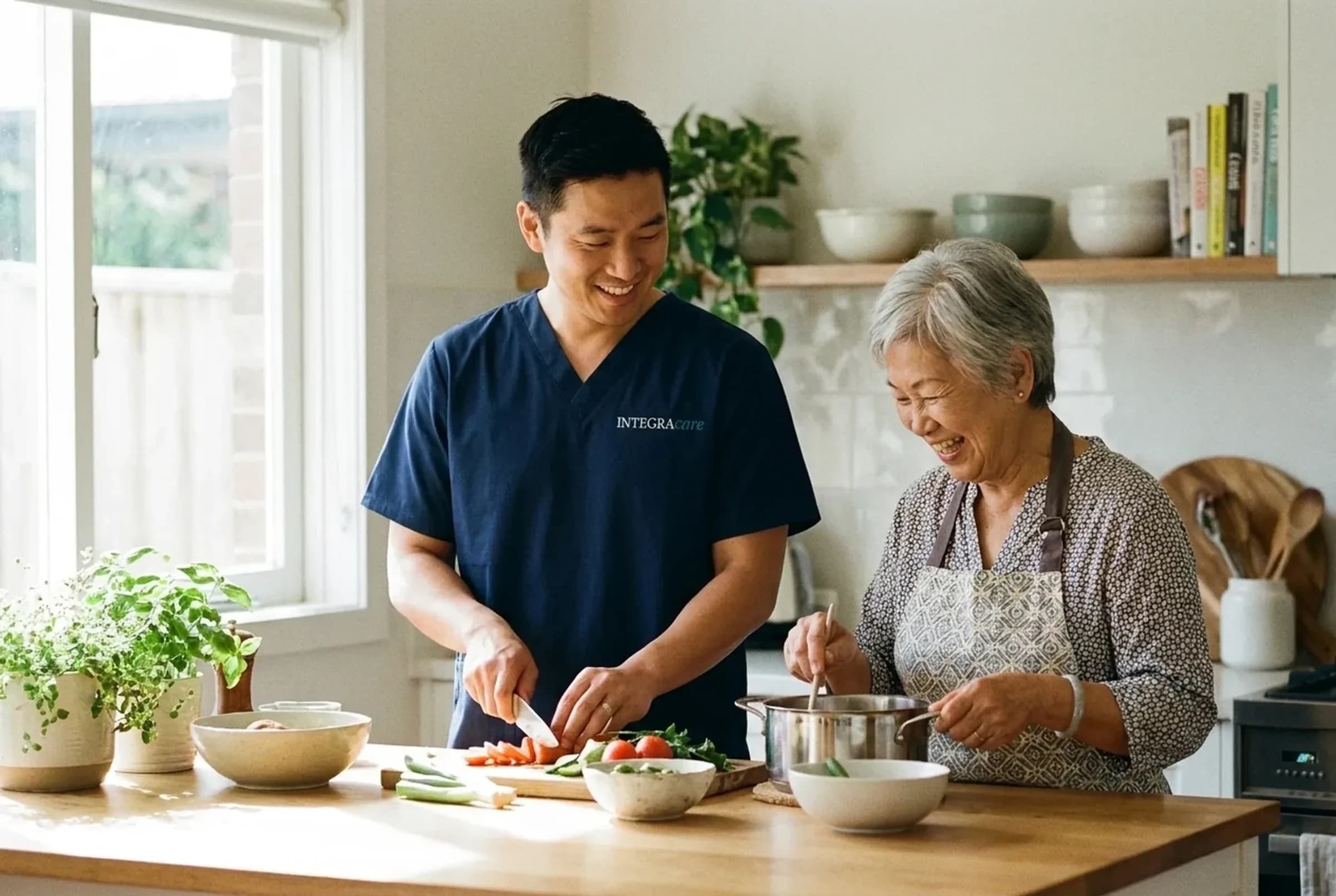 A caregiver walking steadily alongside an elderly person at home, providing reassuring support