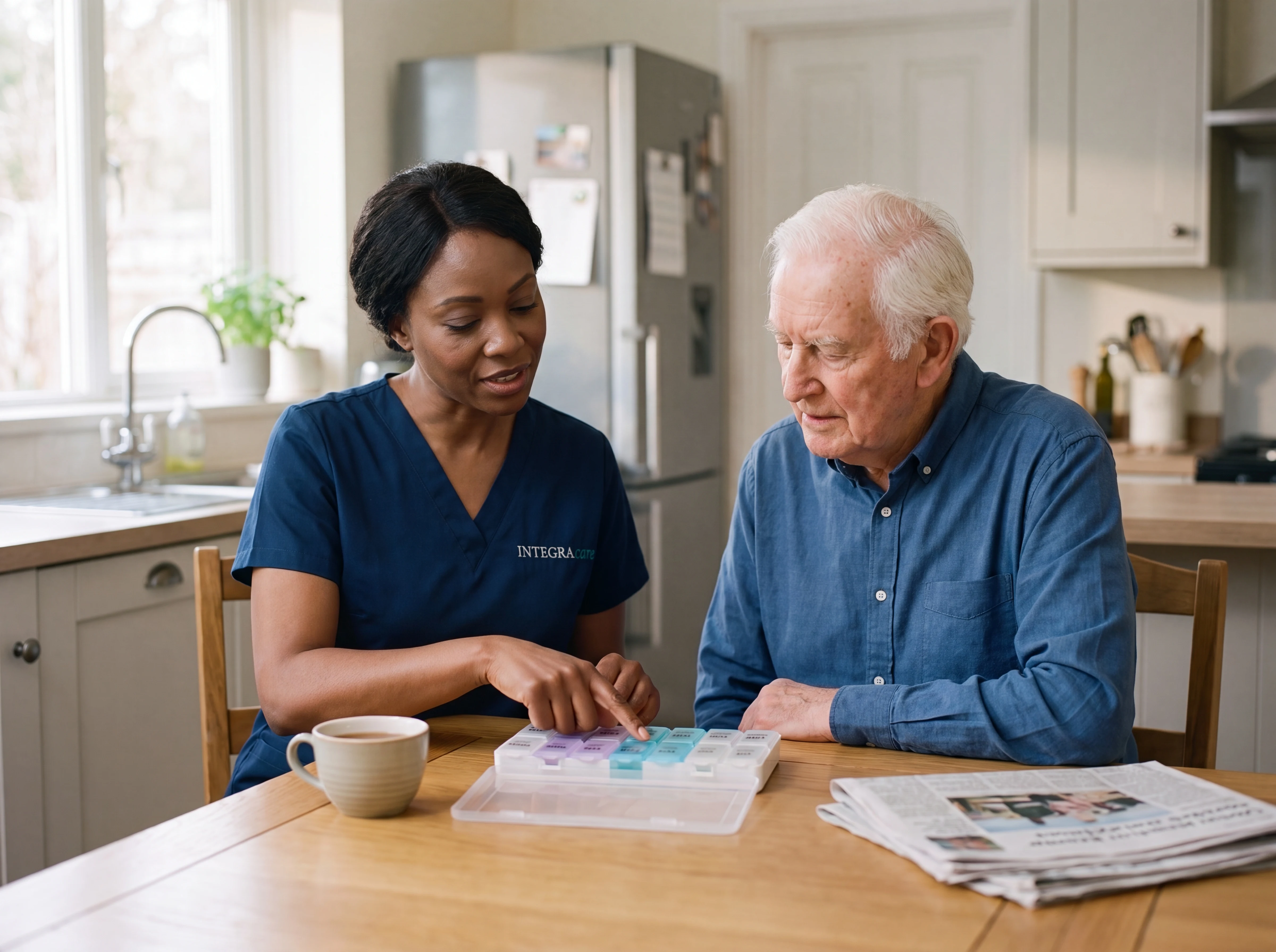 A Black female nurse and an elderly white man reviewing a weekly medication organiser together at a bright kitchen table