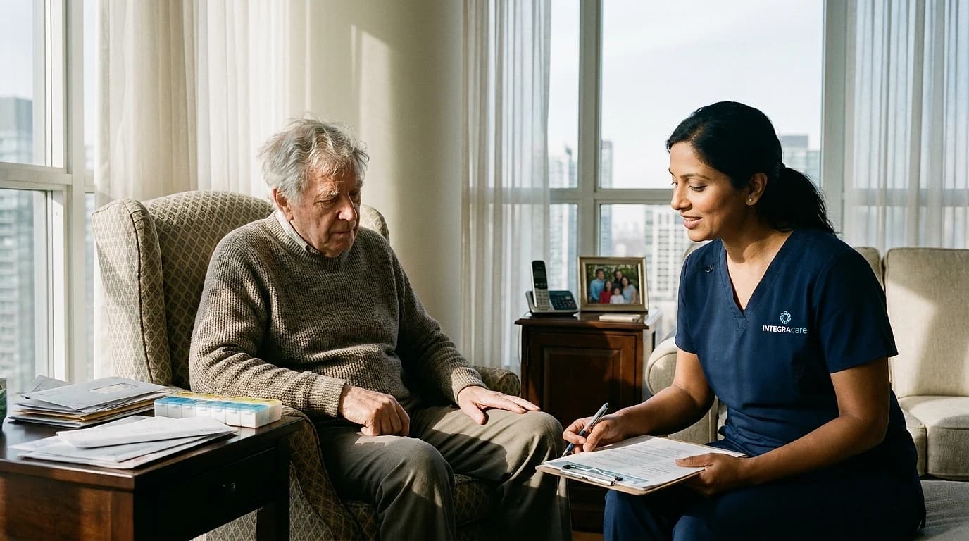 A Registered Nurse discussing a home care assessment with an elderly man living alone in his upscale Toronto condo