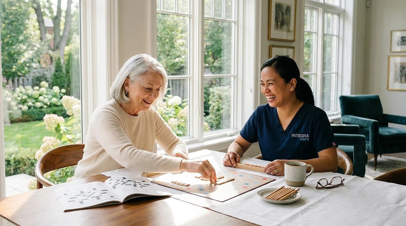 A senior woman and her Filipino caregiver enjoy a game of Scrabble together at a sunny dining table in an upscale home.