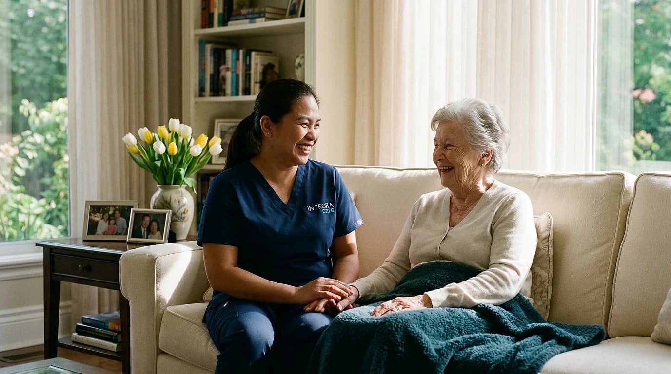 A Filipino personal support worker shares a warm, trusting moment with a senior client in a bright, elegant living room.