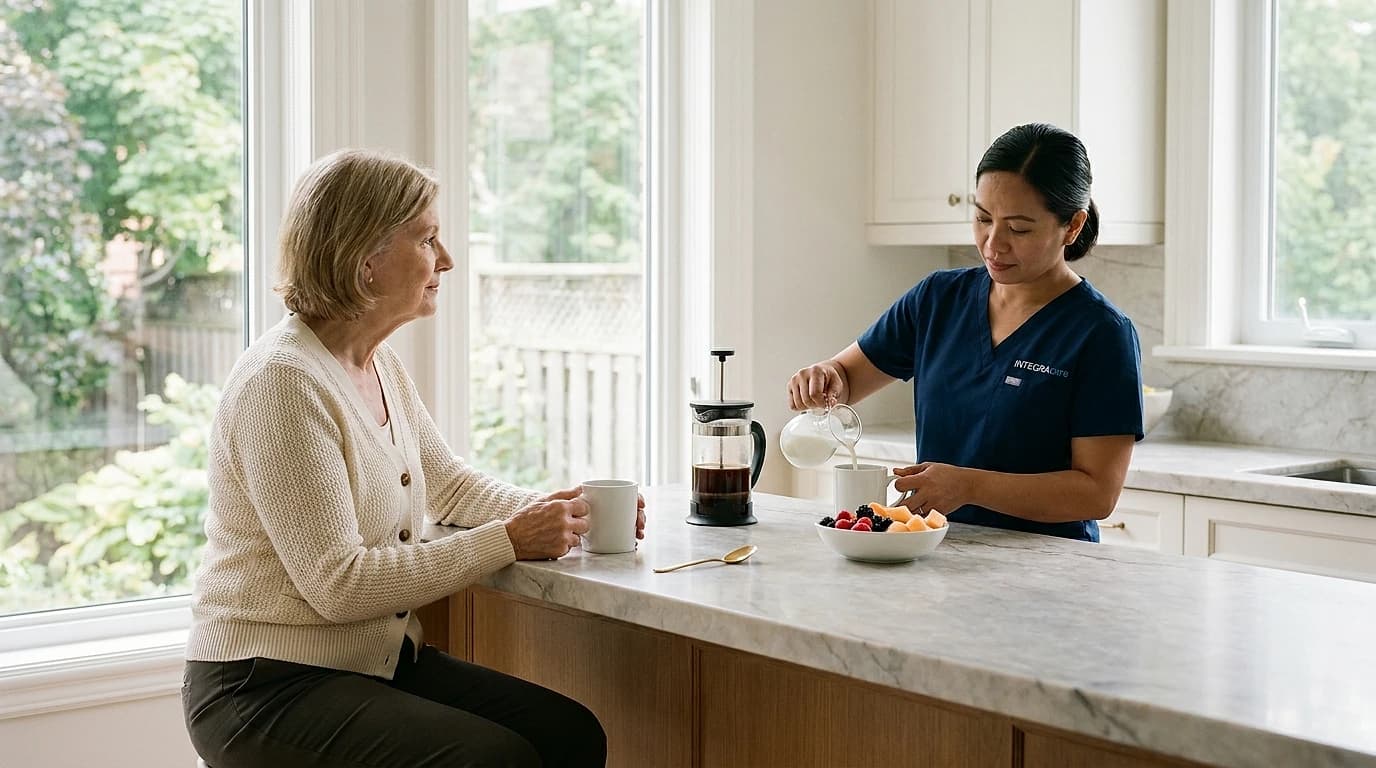 Senior woman enjoying a cup of black coffee in an upscale kitchen while her caregiver adds milk instead of creamer