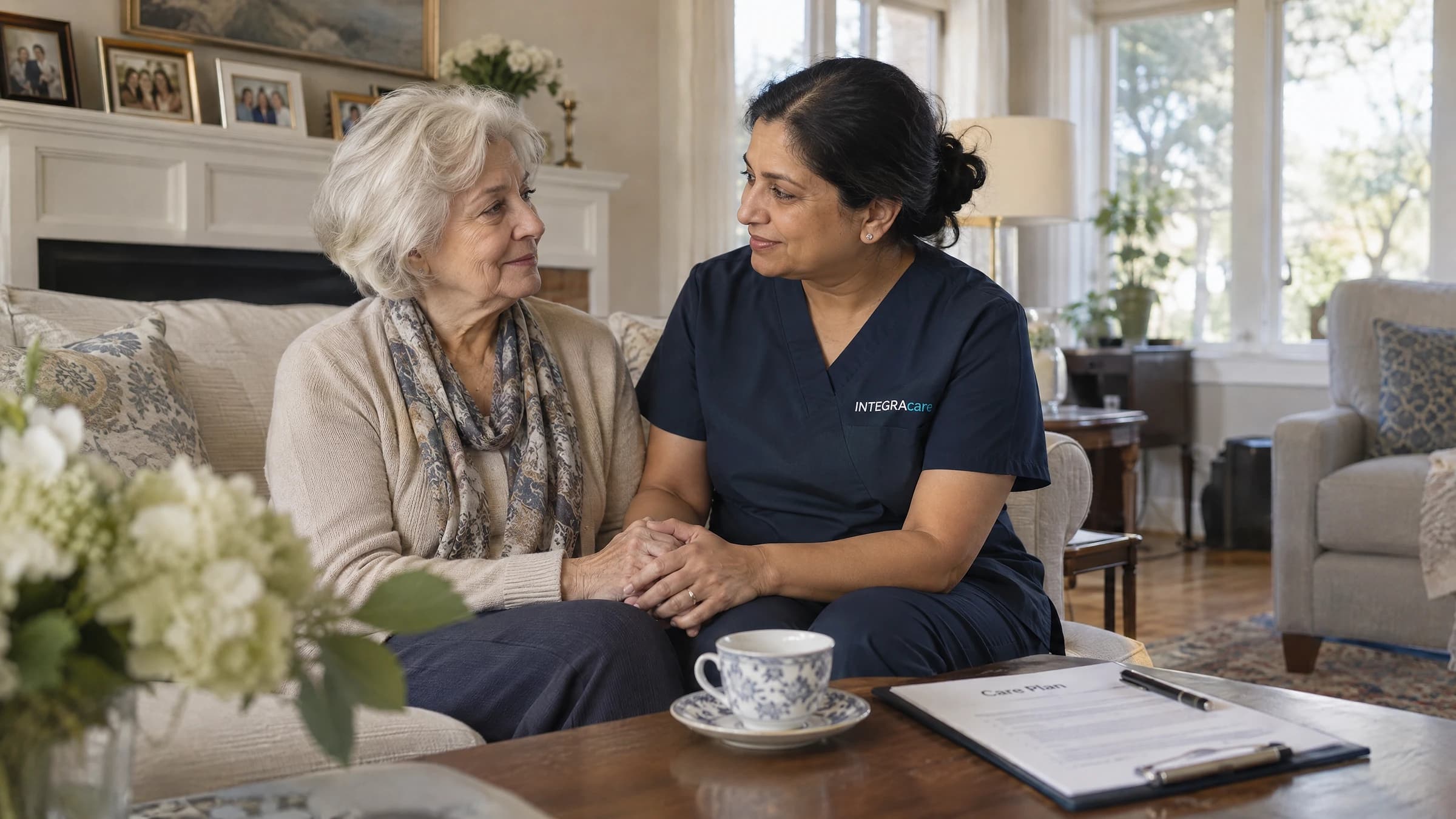 A nurse gently holds the hand of a senior woman with dementia during a calm in-home care visit in an upscale living room.