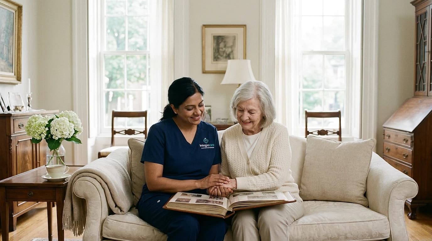 Caregiver sitting with senior woman on a sofa in a bright, upscale living room, sharing a warm companionship moment at home.